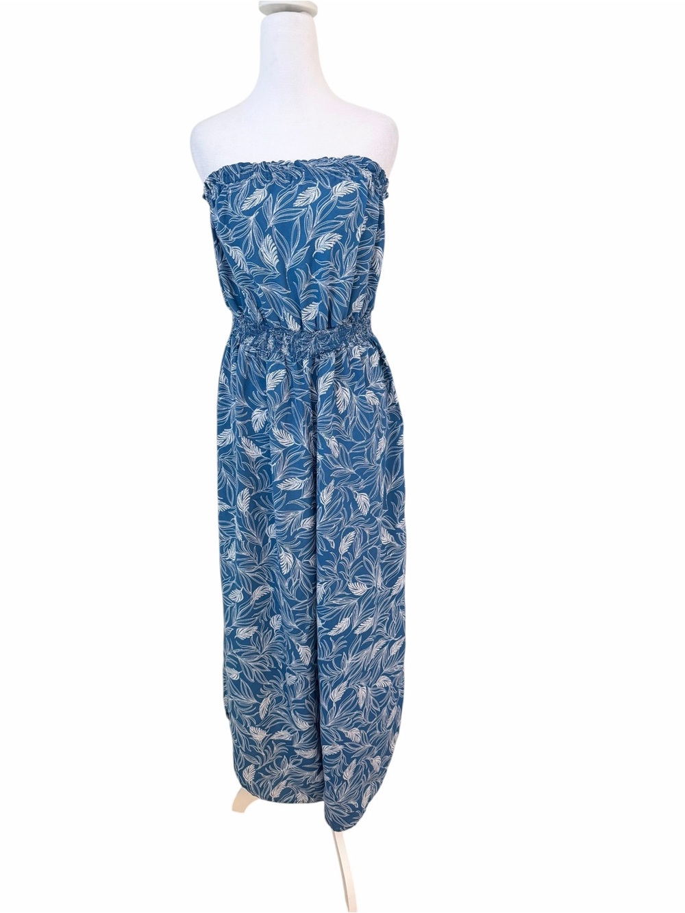 Japna Royal Blue Strapless Leaf Print Jumpsuit